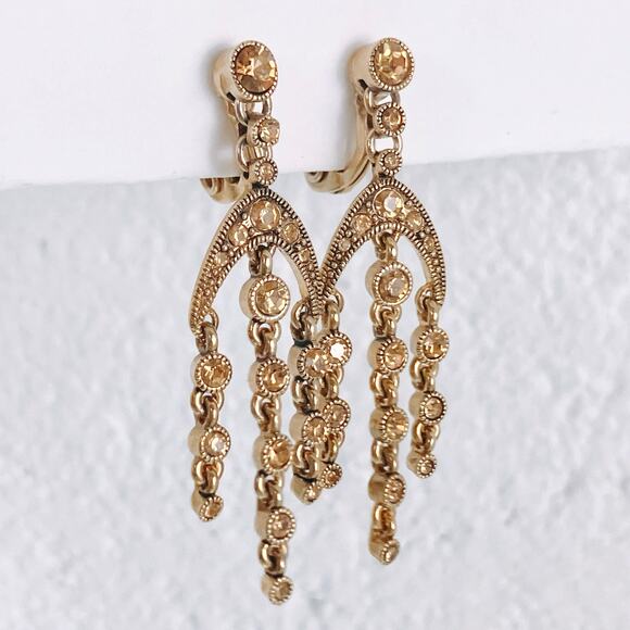 VTG Monet Signed Earrings Rhinestone Chandelier Clip 1970s Sparkling Gold Tone - Picture 2 of 11